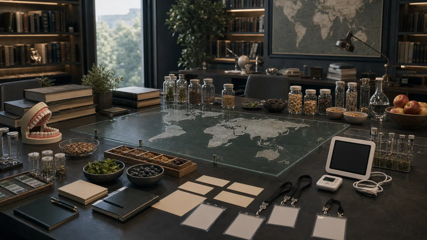 Research atlas table showing global medicine directions without readable text